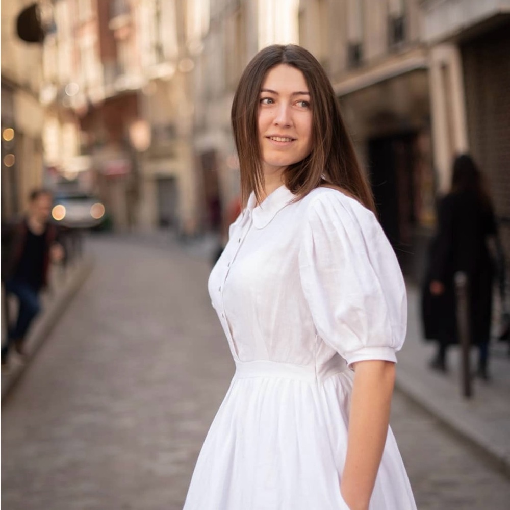 White Midi Dress with Puff Sleeves and Peter Pan Collar